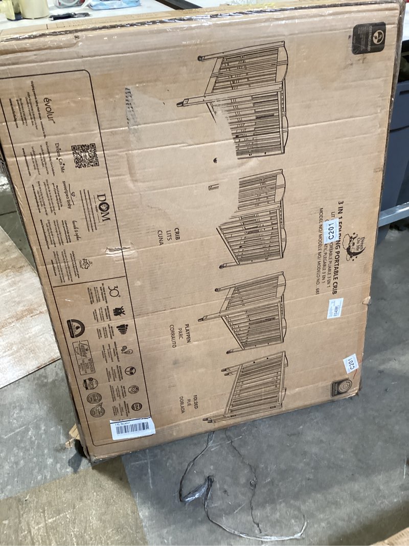 Condition photo showing New/Like New for dream on me 3-in-1 portable folding stationary side mini baby crib in natural & mattress, greenguard gold & bsa, use as changer & playpen, locking wheels, 3 mattress heights, extra firm mattress natural crib