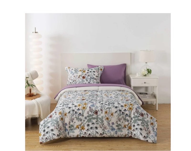 Mainstays All in One Reversible Comforter and Sheet set- 5 Piece, Twin, White Multi Floral