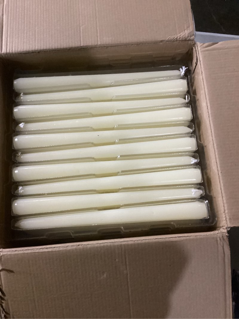 Condition photo showing As Is for flamecan ivory taper candles, set of 20 unscented and smokeless 10 inch taper candles long burning, paraffin wax with cotton wicks for burning approxinately 7-8 hours time 20 pack