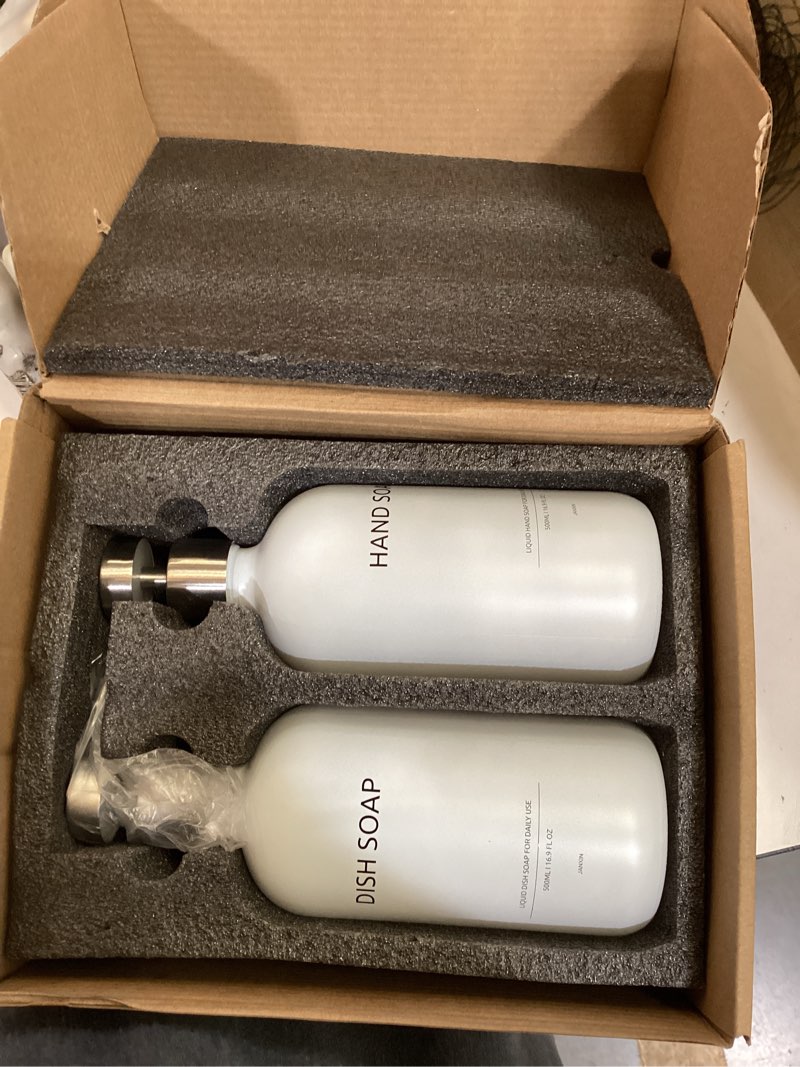 Condition photo showing Good Condition for glass kitchen soap dispenser set with ceramic tray,16.9 floz hand and dish soap dispenser for kitchen and bathroom decor (white bottles + silver pumps)