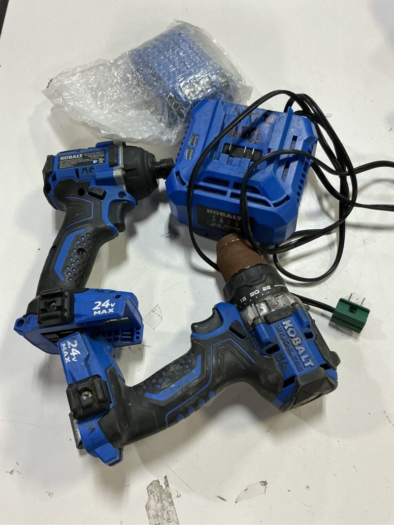 Condition photo showing As Is for k.balt 24-volt 2-tool brushless power tool combo kit with soft case (1-battery included and charger included)