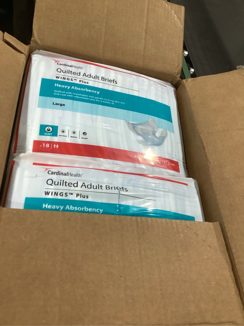 Condition photo showing New/Like New for Cardinal Health 66034 Quilted Adult Briefs, Wings Plus, Heavy Absorbency, Large, Case of 4 Bags of 18
