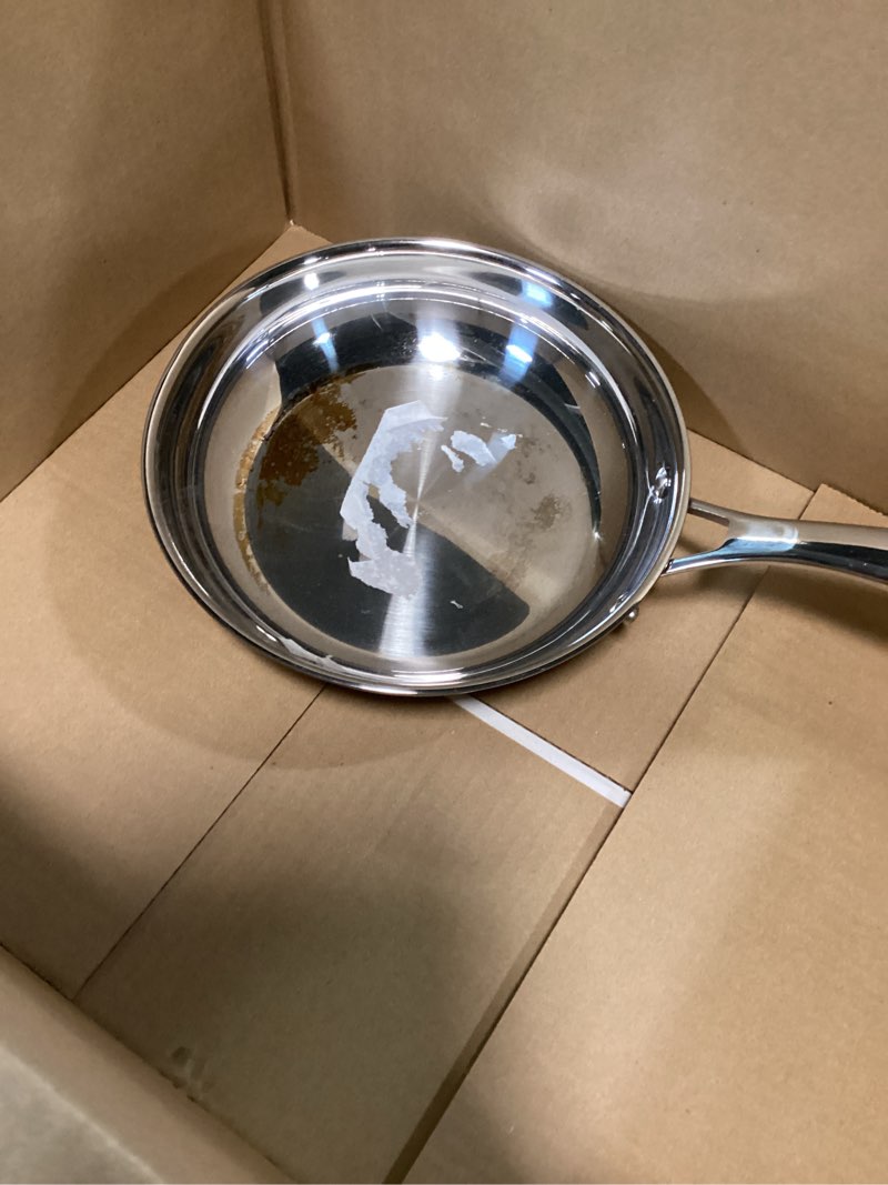 Condition photo showing As Is for amazon basics 1-piece oven safe, riveted handle stainless steel induction frying pan set - silver, 8-inch & 10-inch