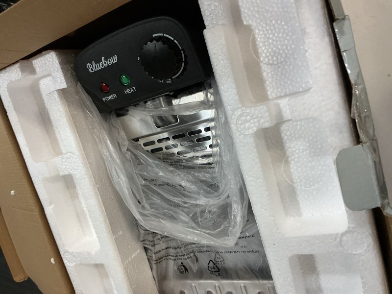 Condition photo showing As Is for bluebow electric 5.3qt deep fryer, 1700w immersion fryer with 3-baskets, adjustable temperature, lid with viewing window, stainless steel