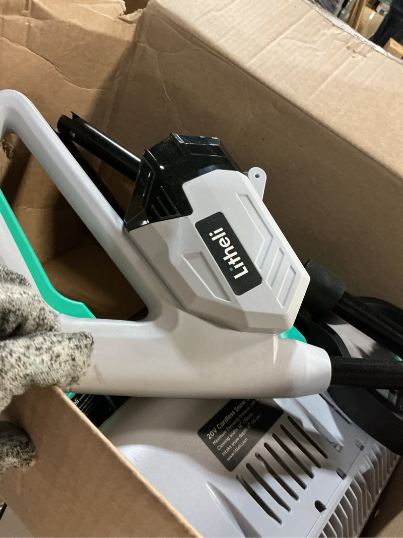 Condition photo showing As Is for Litheli Cordless Snow Shovel, 20V 12-Inch Battery Powered Snow Thrower, Battery Snow Blower with Auxiliary Handle, with 4.0Ah Li-ion Battery & Charger