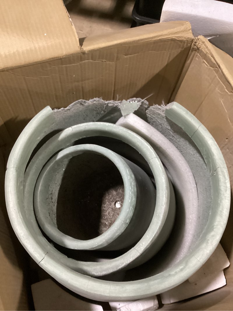 Condition photo showing As Is for kante 15.3"+11.6"+8.2" dia round concrete planter, large outdoor indoor planter pots containers with drainage holes and rubber plug for home garden patio, buff concrete buff concrete set of 3: 15.3" + 11.6" + 8.2" d