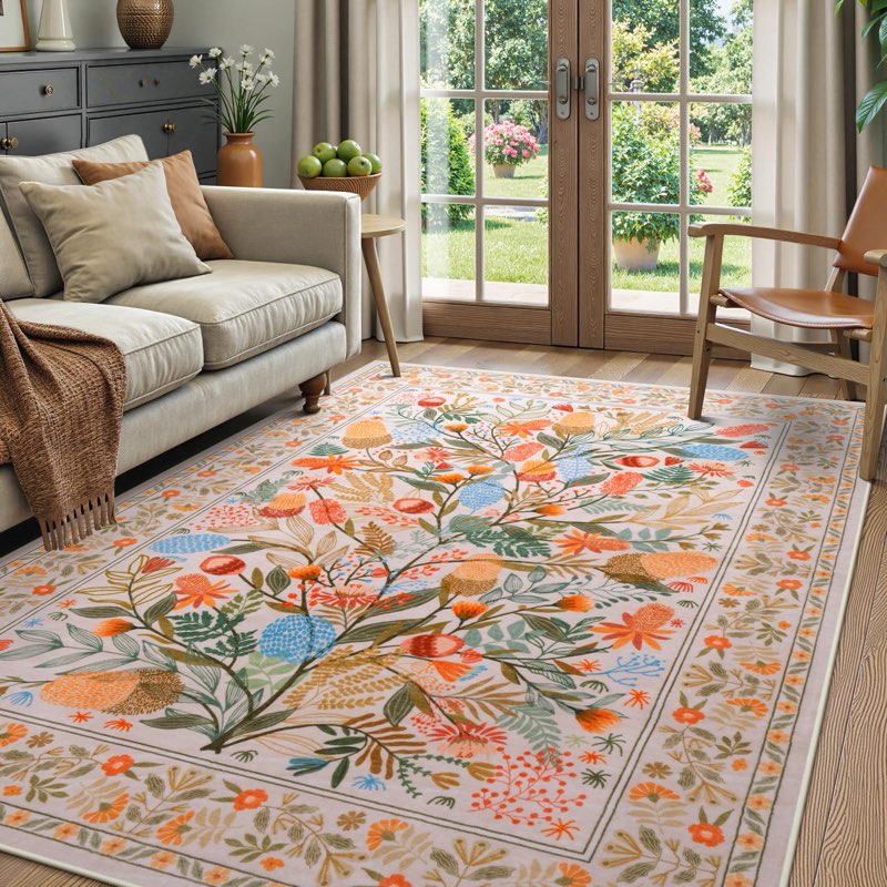 anidaroel colorful botanical area rugs 5x7, machine washable rugs for living room non slip soft rug 