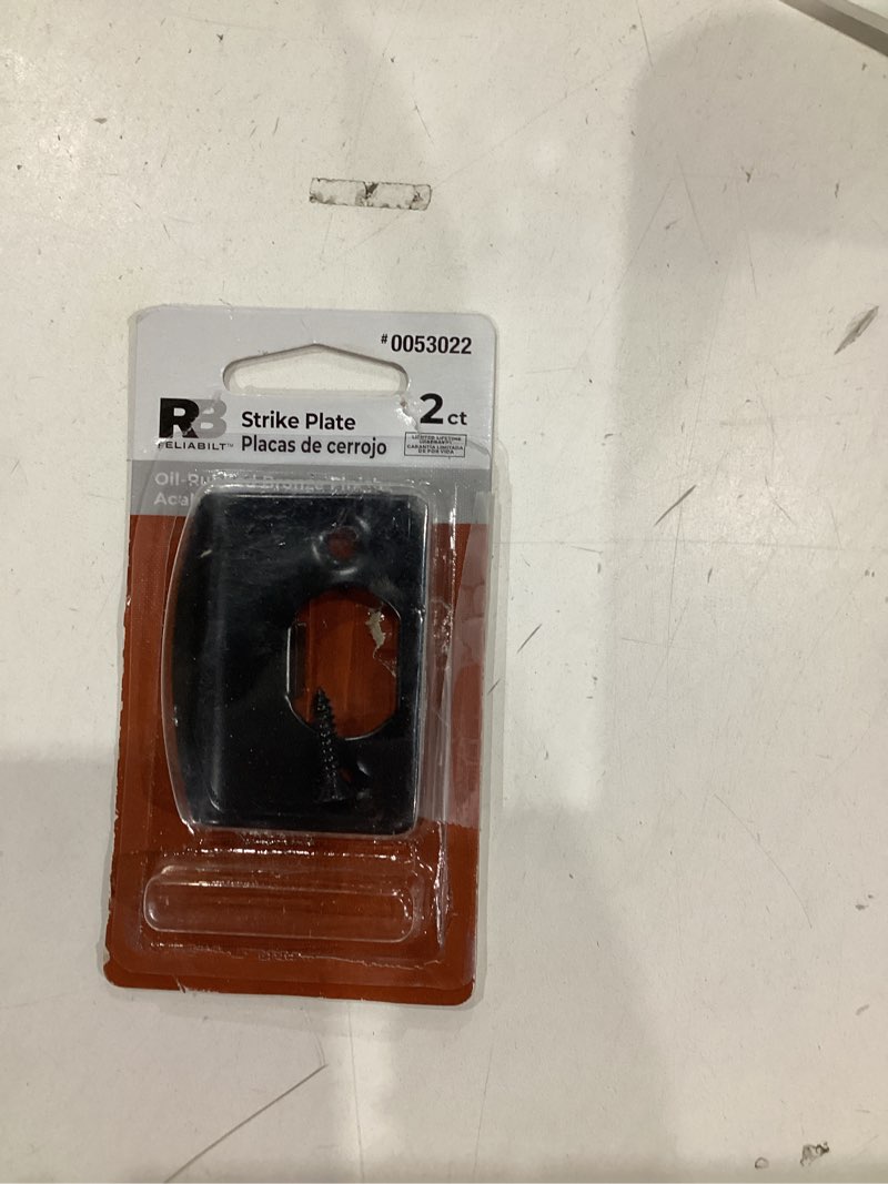 Condition photo showing As Is for stone harbor hardware full lip round corner deadbolt strike plate, 2-1/4 inches, 1-5/8" center-to-center, matte black