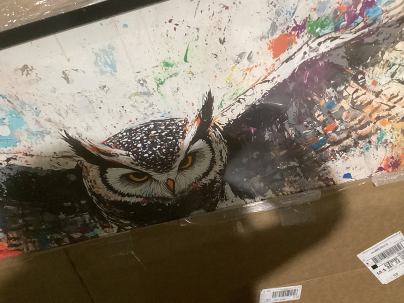 Condition photo showing Good Condition for Large Banksy Owl Wall Art for Living Room, Framed Oversized Owl Wall Decor Wild Animal Canvas Painting Pictures Modern Artwork for Living Room Bathroom Bedroom Office Dining Room 60"x30" 60"L x 30"W owl