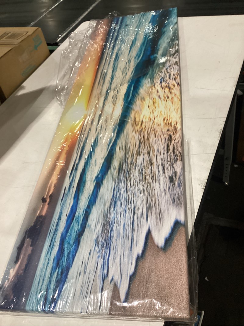 Condition photo showing Good Condition for sunrise beach canvas wall art ocean waves nature pictures bathroom decor sunset coastal painting sea landscape canvas prints 14x48”, blue seascape poster artwork for home living room decorations
