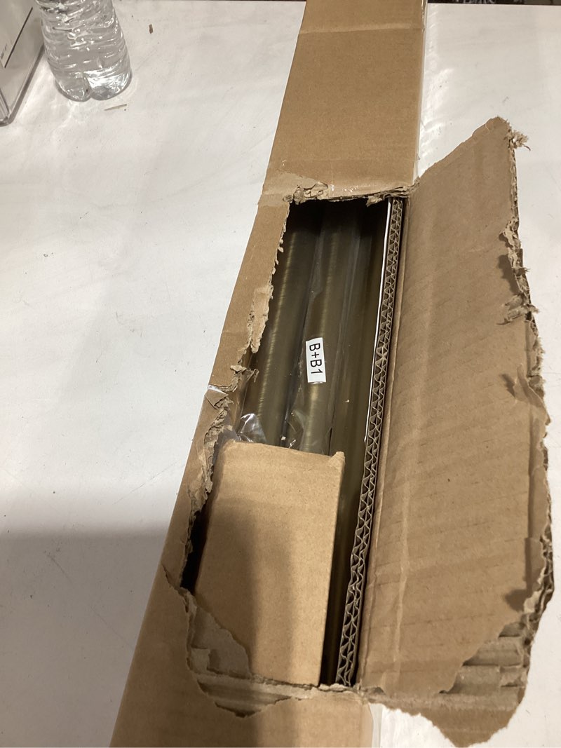 Condition photo showing As Is for Warm Gold Bay Window Curtain Rods with Aluminum End Cap Finials and Brackets,Adjustable 36-72 Inch Center Rod for windows (24-68’’), 20-36 Inch Side Rods for windows (16-32’’),1 Inch Diameter 20-36"&36-72"&20-36"(3 Sided) Warm Gold