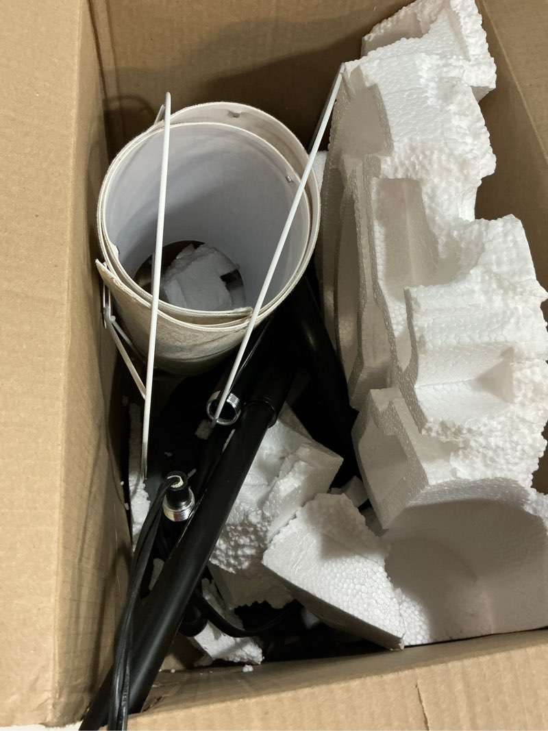 Condition photo showing As Is for ?upgraded? dimmable floor lamp, 1000 lumens led edison bulb included, arc floor lamps for living room modern standing lamp with linen shade, tall lamp for bedroom office dining room- black matte black-beige linen shade