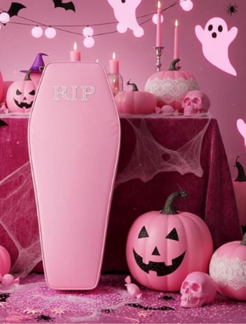 (The color is pink)Seenelling Halloween Coffin with Skeleton Set Pop up Coffin Life Size Collapsible Scary Prop Really 