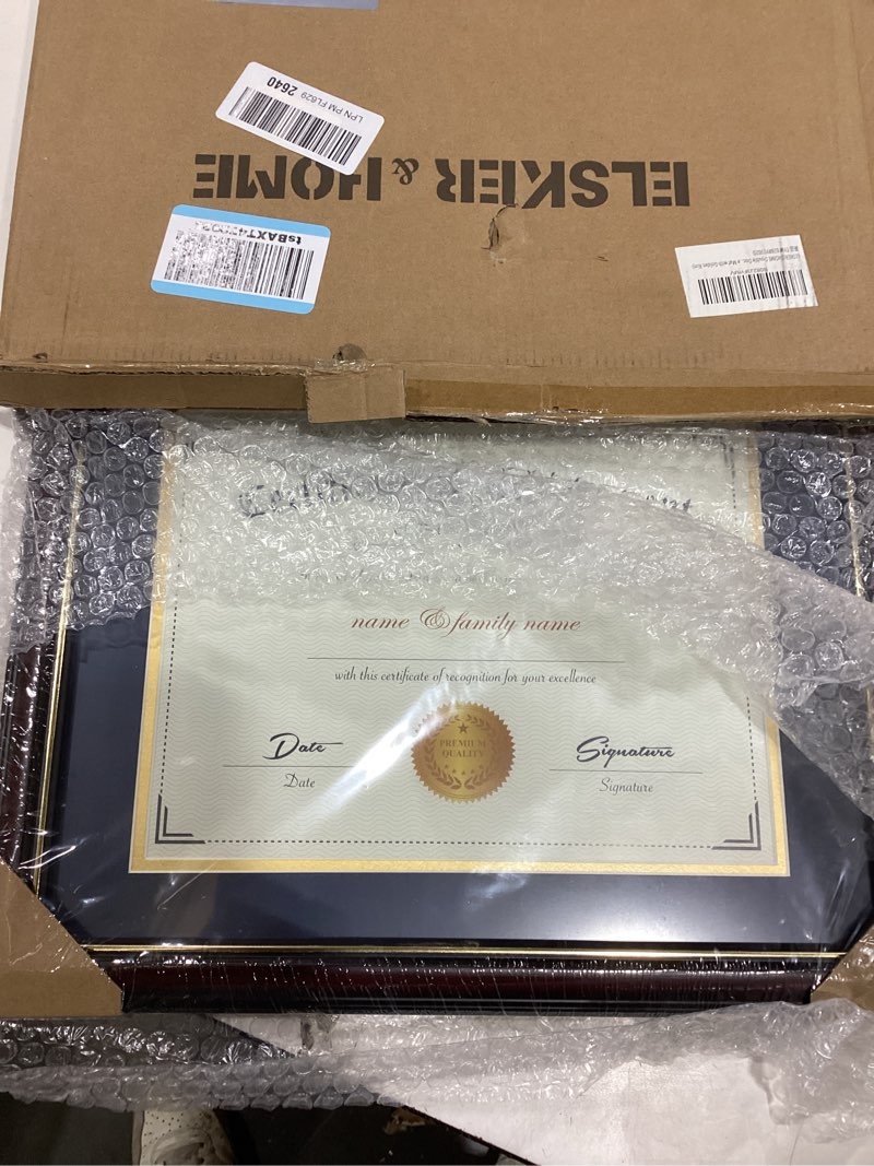 Condition photo showing As Is for ELSKER&HOME Double Document/Photo Wood Frame - Made for Certificates&Diploma (Two 8.5x11 Inch with Mat, Navy Blue Mat with Golden Rim) Mahogany+Blue(Golden Rim)Mat Double Diploma Frame