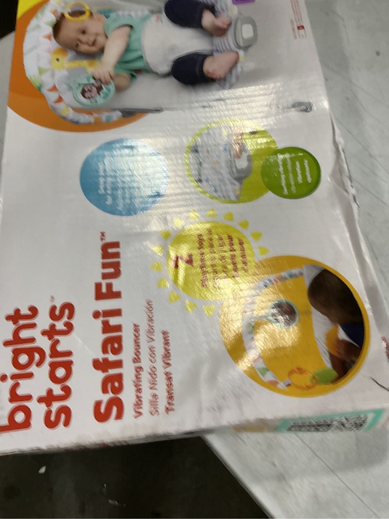 Condition photo showing New/Like New for bright starts baby bouncer soothing vibrations infant seat - removable -toy bar, nonslip feet, 0-6 months up to 20 lbs (safari fun)