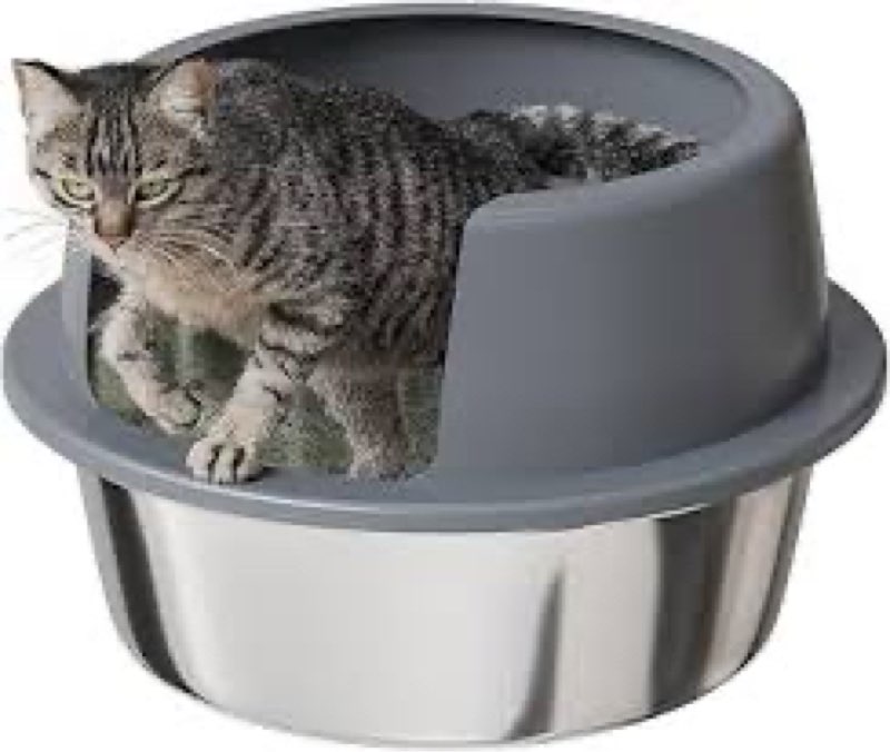 Booche Round High-Sided Stainless Steel Cat Litter Box,Stainless Steel Litter Box with Lid,Extra Lar