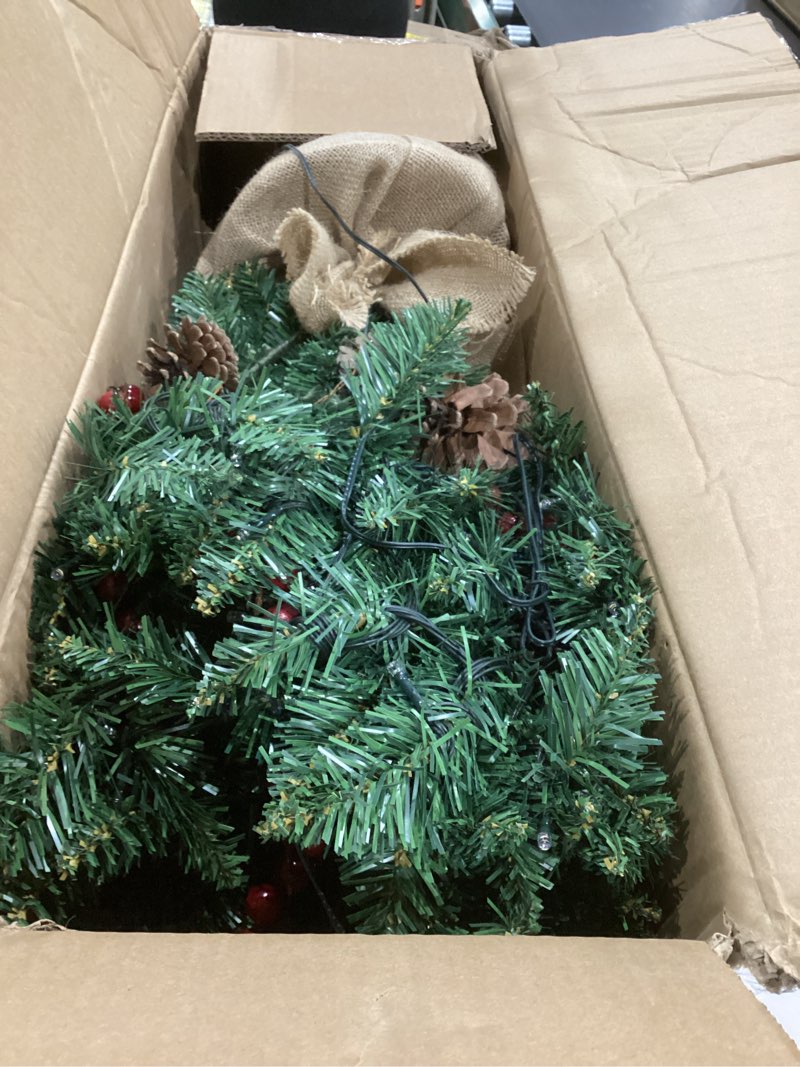 Condition photo showing As Is for 4ft Pre-lit Christmas Tree,Artificial Pine 300 PVC Branches Tips with 20 Red Berries & 20 Pinecone & 100 LED Lights & Burlap Wrapped Base Decor Xmas Tree Green 4ft