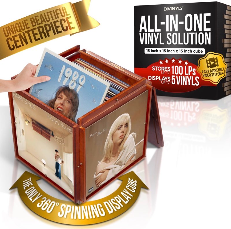 Decorative All-in-1 Vinyl Record Storage Box - Spins, Displays, Protects, and Stores - Wooden Display Cube - Rotating Wooden Crate Album Holder for 100 LP Records Collection