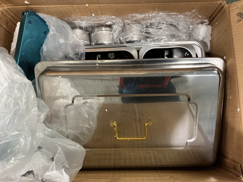 Condition photo showing As Is for Chafing Dishes for Buffet 4 Pack(Full 1/2 1/3 Size Pan), 9QT Chafing Dish Buffet Set Stainless Steel Buffet Food Warmers Sets for Catering Events Parties Dinners,Gold and Silver