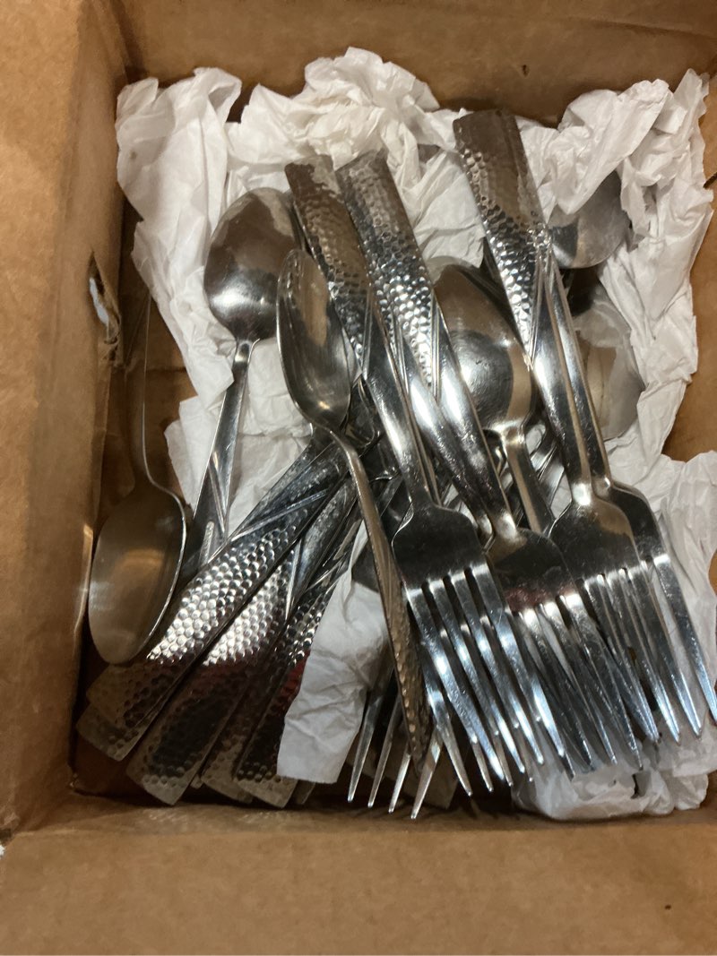Condition photo showing As Is for kingstone silverware sets, 60 piece flatware set for 12, 18/10 stainless steel cutlery set mirror polished modern design dishwasher safe silver 60-piece