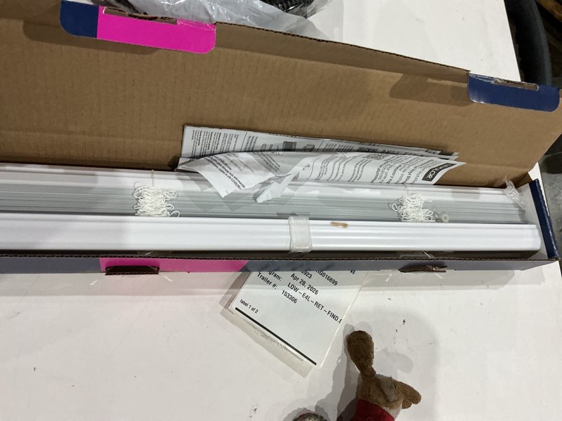 Condition photo showing As Is for levolor trim+go 1-in slat width 23-in x 72-in cordless white aluminum room darkening mini-blinds