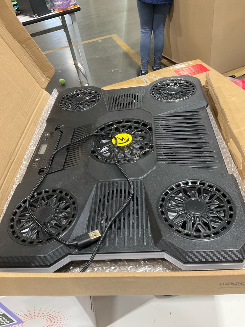 Condition photo showing As Is for ChillCore Laptop Cooling Pad, RGB Lights Laptop Cooler 9 Fans for 15.6-19.3 Inch Laptops, Gaming Laptop Fan Cooling Pad with 8 Height Stands, 2 USB Ports - A21 Blue