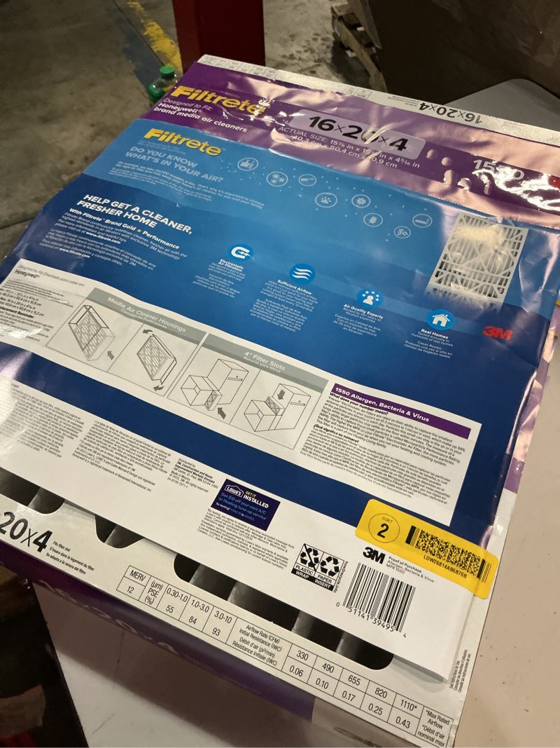 Condition photo showing As Is for filtrete 16-in w x 20-in l x 4-in merv 12 1550 mpr allergen, bacteria and virus electrostatic pleated air filter
