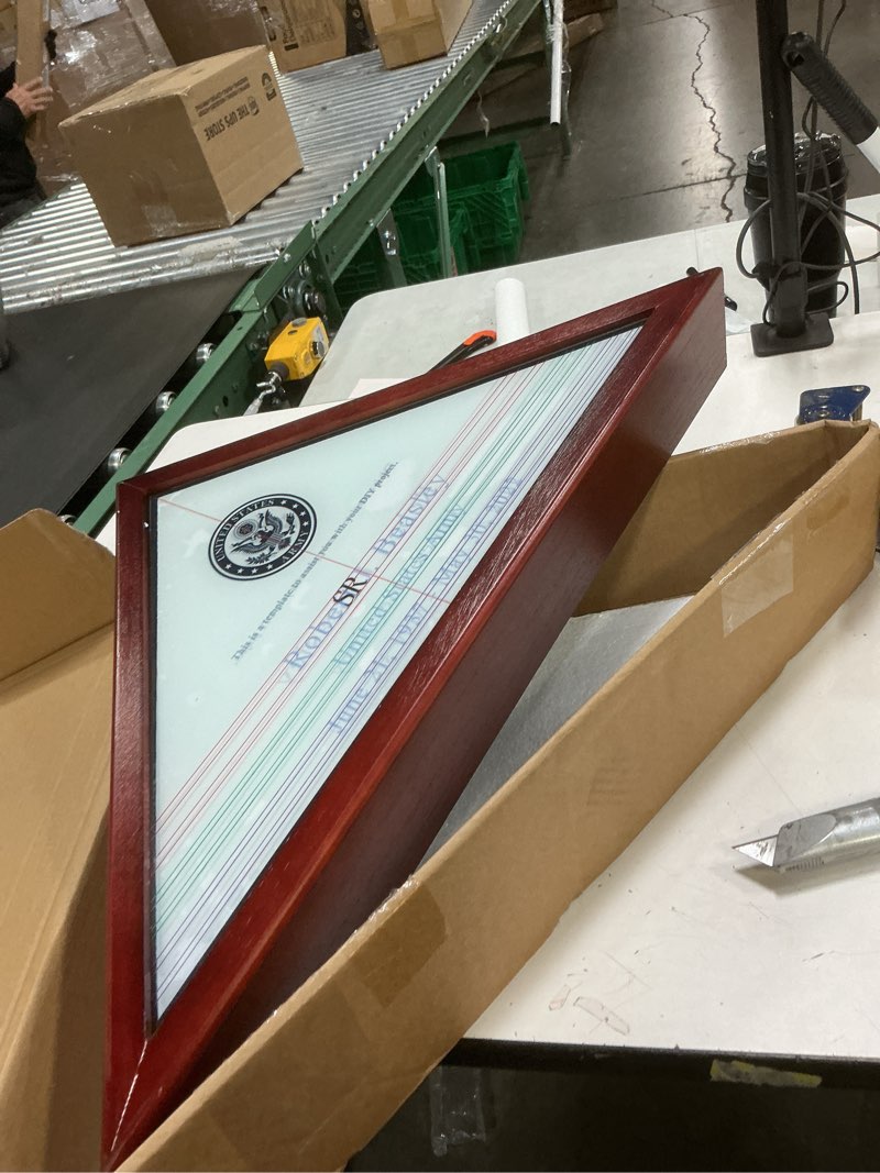 Condition photo showing Good Condition for Personalized Flag Case for Burial Flag DIY by Yourself, Glass Front Mahogany Display Case for 5'x9.5' Flag, Wall Mounted Custom Name Wood Shadow Box for Military with Metal Letters and Logo Stickers