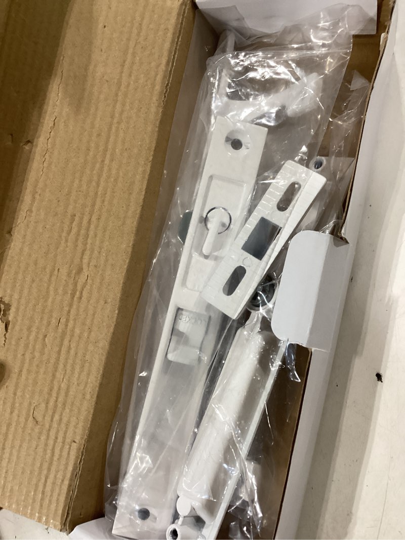 Condition photo showing Good Condition for patio sliding glass door handle set, 6-5/8" h.c., fits 1" to 1-1/8" thick doors, white diecast, features lock & 2 hook latch & keys, flush white flush-mount 6-5/8" h.c. keyed handle set