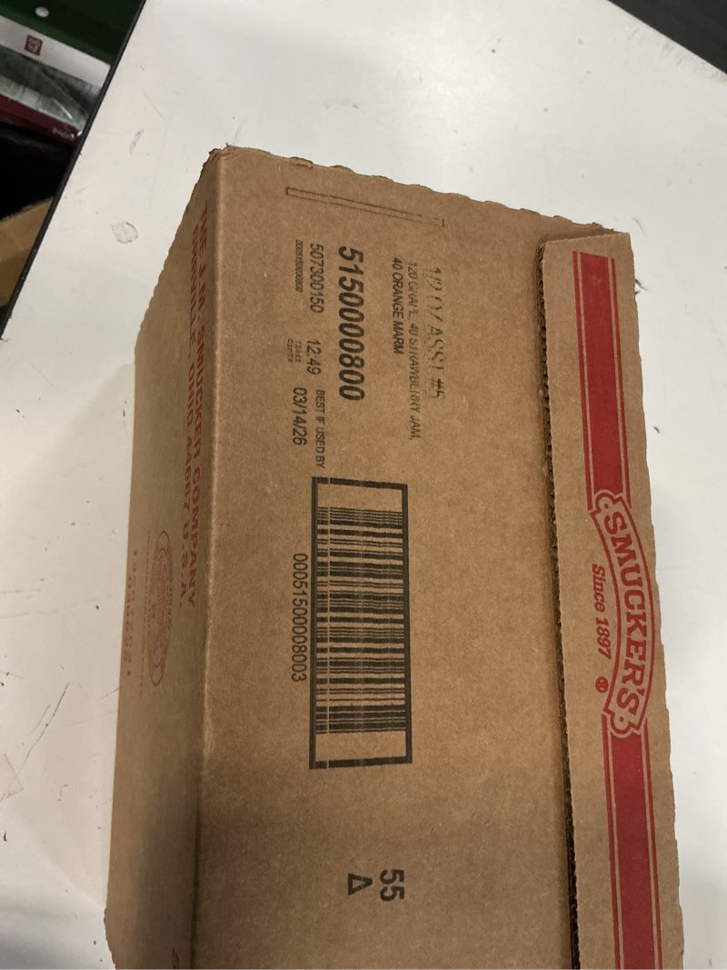 Condition photo showing New/Like New for (Best if used by 03/14/2026)Smucker's Grape Jelly, Strawberry & Orange Marmalade, 200 Count