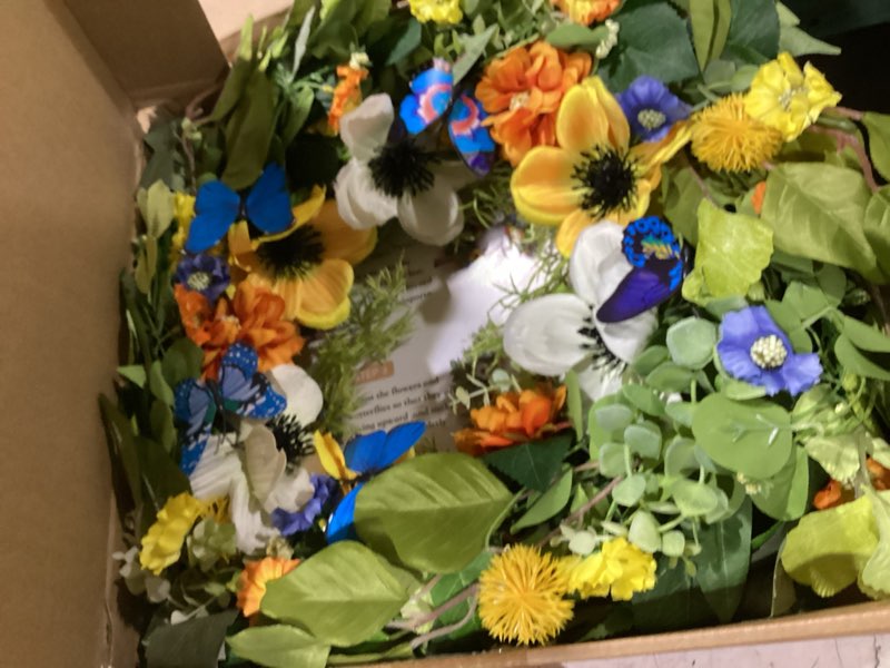 Condition photo showing As Is for spring wreaths for front door 24 inch summer wreath artificial floral greenery wreath with beautiful hydrangea pansies and butterfly spring and summer wreaths for front door outside yellow and white