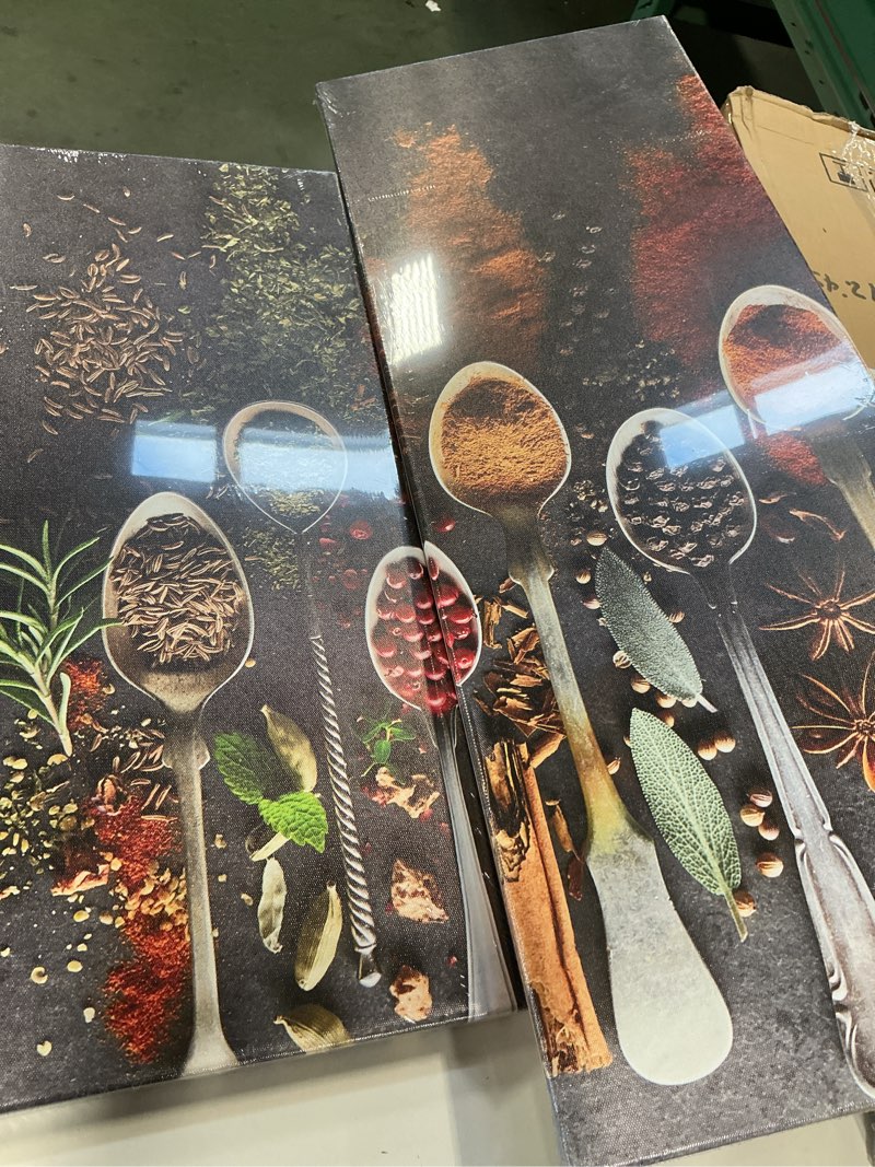 Condition photo showing Good Condition for iHAPPYWALL Kitchen Pictures Wall Decor 4 Pieces Couful Spice in Spoon Vintage Canvas Wall Art Food Photos Painting On Canvas Stretched Framed Home Decoration Gift Ready to Hang