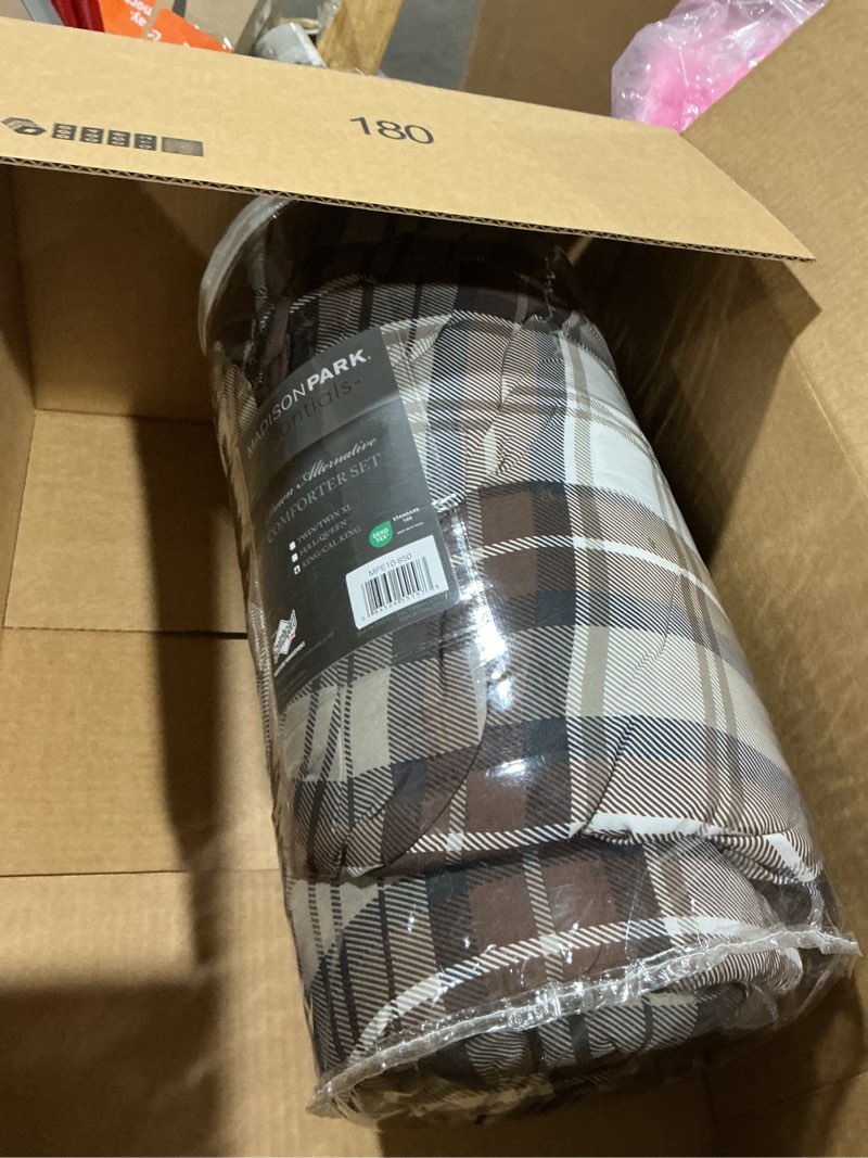 Condition photo showing Good Condition for Madison Park Essentials Parkston Plaid Comforter, Matching Sham, 3M Scotchguard Stain Release Cover, Hypoallergenic All Season Bedding-Set, King/California King, Brown, 3 Piece Brown King/Cal King