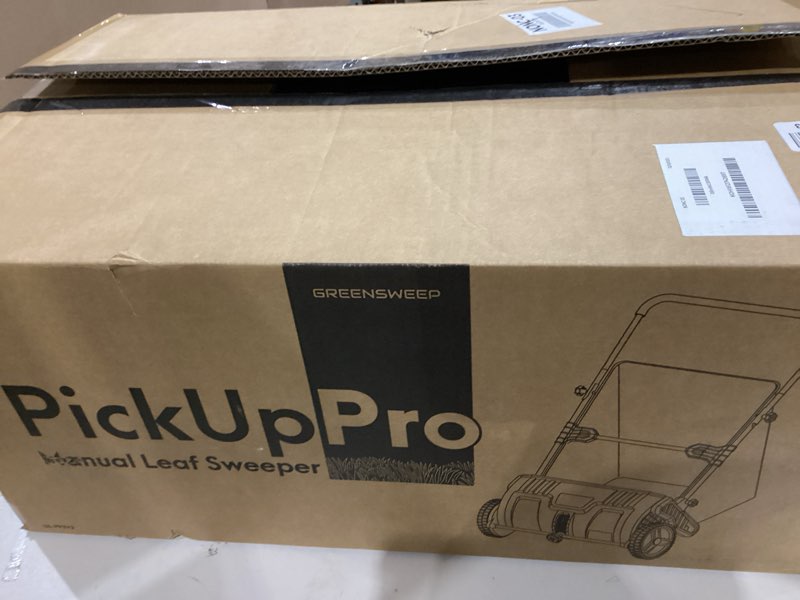 Condition photo showing As Is for GREEN 21-Inch Push Lawn Sweeper, Grass, Lawn and Leaf Cleanup Collector with Large 3.5 cu. ft. Hopper Bag, Durable Wheels, and Dual Spinning Brushes, Grey