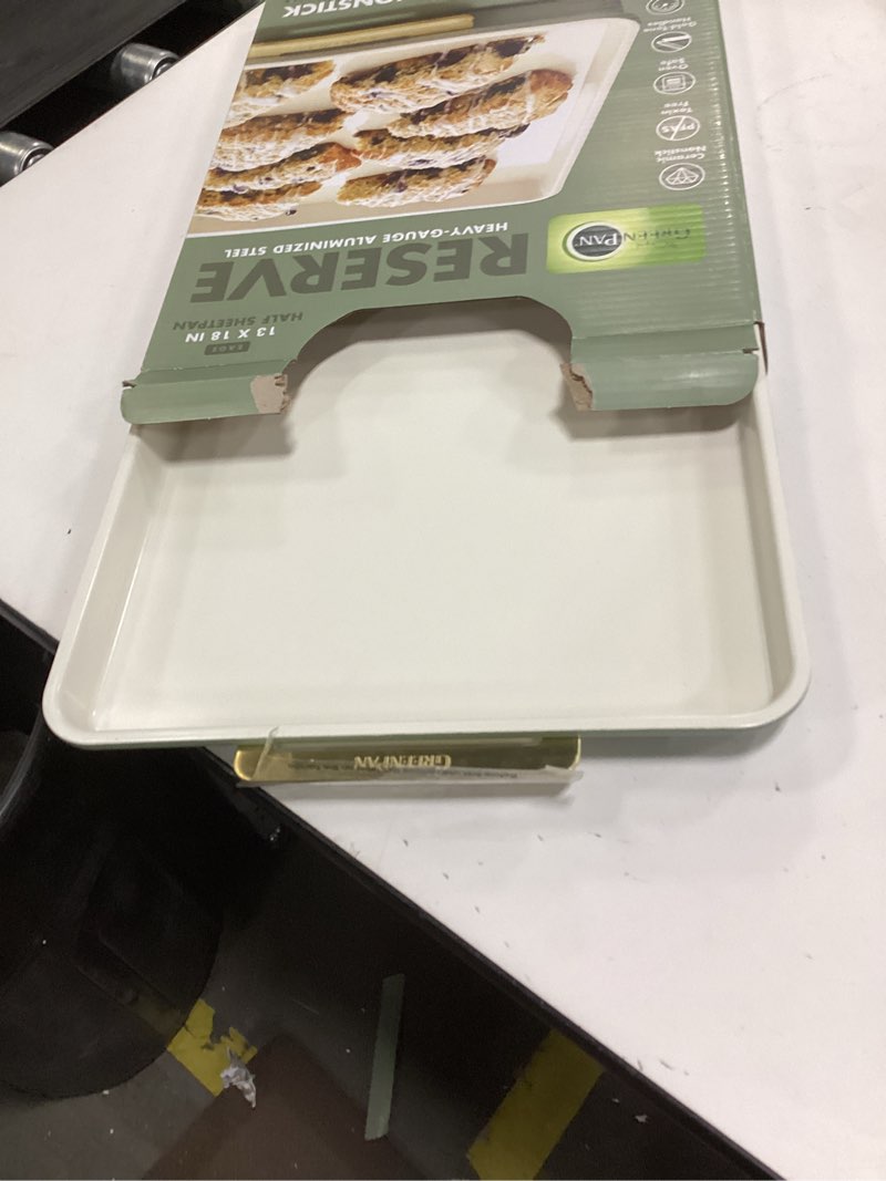 Condition photo showing Good Condition for GreenPan Bakeware 13"x18" Half Baking Sheet Pan, Ceramic Nonstick Baking Pan, PFAS & BPA Free, Gold Handles, Durable Steel, Versatile & Space Saving Ovenware, Freezer to Oven Dish, Sage Green 13" x 18" Half Sheet Pan Sage Green