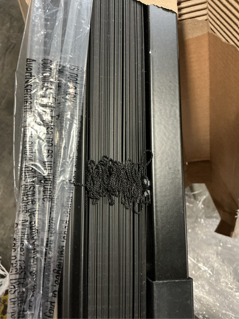 Condition photo showing As Is for lazblinds no tools no drill cordless 1" vinyl mini blinds, 100% blackout blinds for indoor windows, room darkening privacy window blinds and shades for interior, 47" w x 64" h, black black 47" w x 64" h