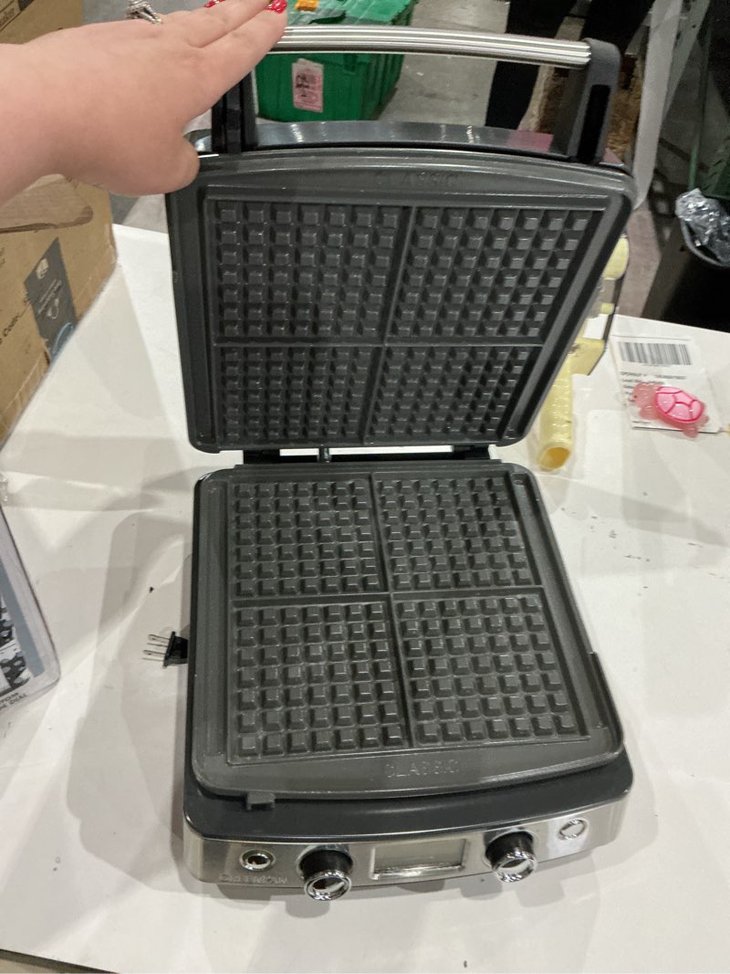 Condition photo showing As Is for greenpan elite 4-square belgian & classic waffle maker,healthy ceramic nonstick dishwasher safe plate, adjustable shade/crunch control, wont overflow, easy clean, breakfast,pfas-free,graphite 4-square waffle iron graphite