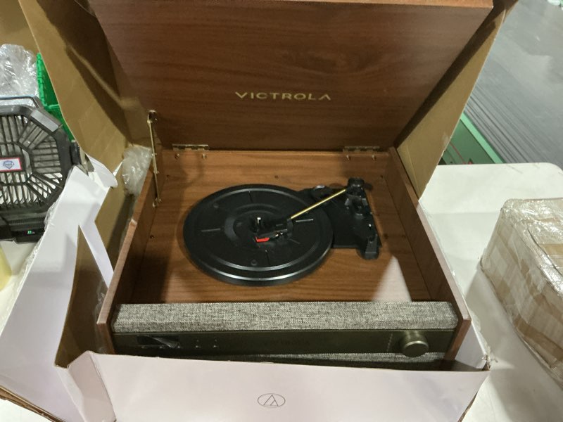 Condition photo showing Good Condition for victrola century 6-in-1 vinyl record player & music center – 3-speed turntable, cd & cassette player, vinylstream, bluetooth & 3.5mm aux, record player with speakers, mid century design (walnut) walnut record player