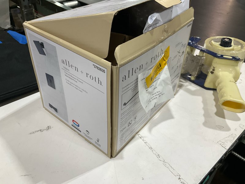 Condition photo showing As Is for allen + roth veda matte black 1-handle single function 6-in square bathtub and shower faucet ( valve included )