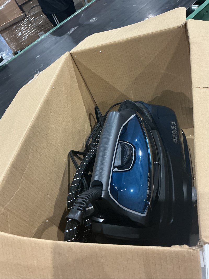 Condition photo showing As Is for rowenta steam station, stainless steel soleplate, professional iron steamer for clothes, 1.1l removable tank, fast heat up, 1800 watts, blue clothes iron, dg8624 xl steaming sessions - high pressure steam