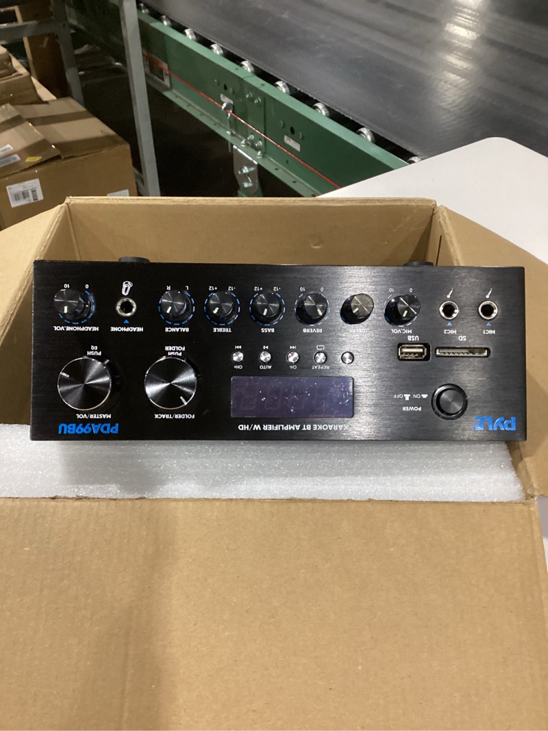 Condition photo showing As Is for damaged pyle bluetooth hd home audio amplifier receiver stereo 300w dual channel sound audio system, mp3, usb, sd, aux, rca, mic, headphone, fm, led, reverb delay, for home theater speakers, studio - pda99bu