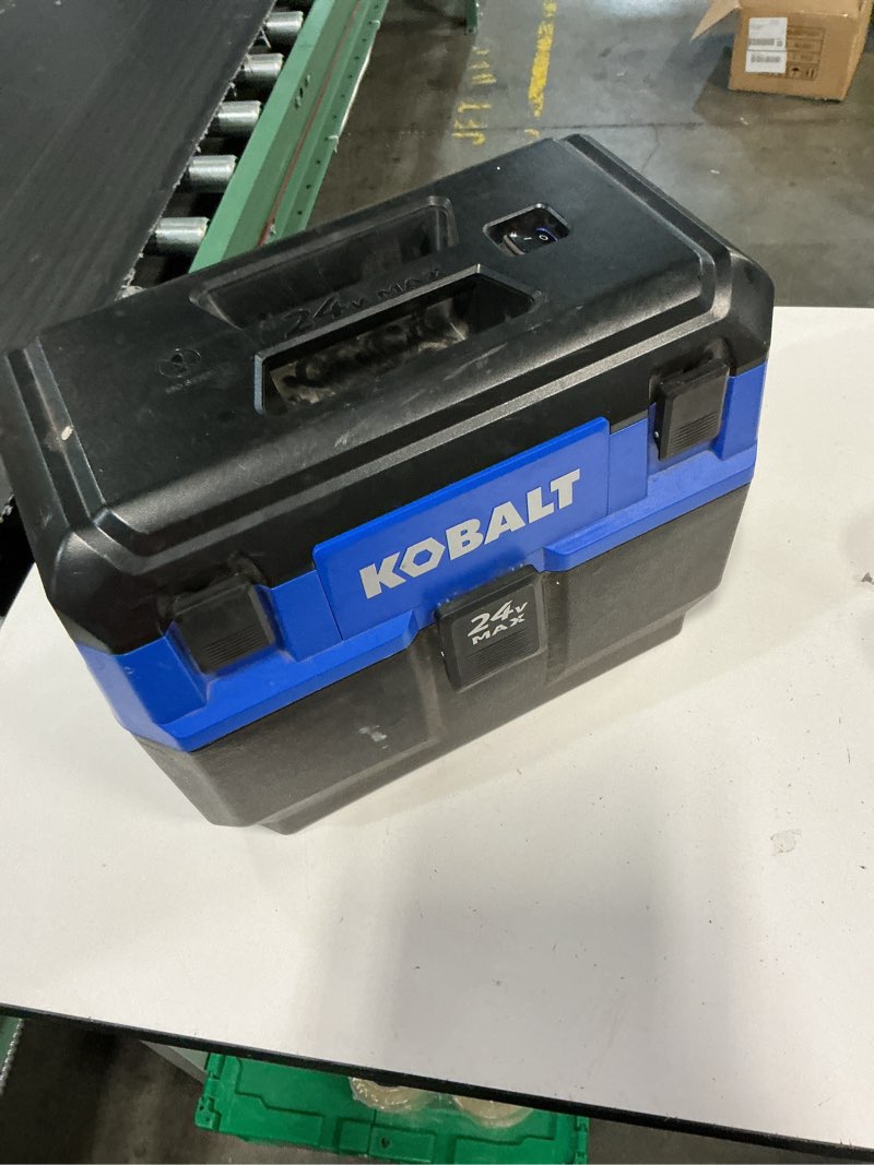 Condition photo showing As Is for kobalt 24-volt 3-gallon 1 hp cordless wet/dry shop vacuum with accessories included (battery