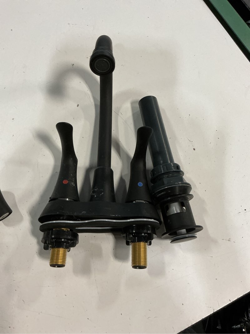 Condition photo showing As Is for 100+ bought last week allen + roth brookes matte black 4-in centerset 2-handle watersense high-arc residential handle