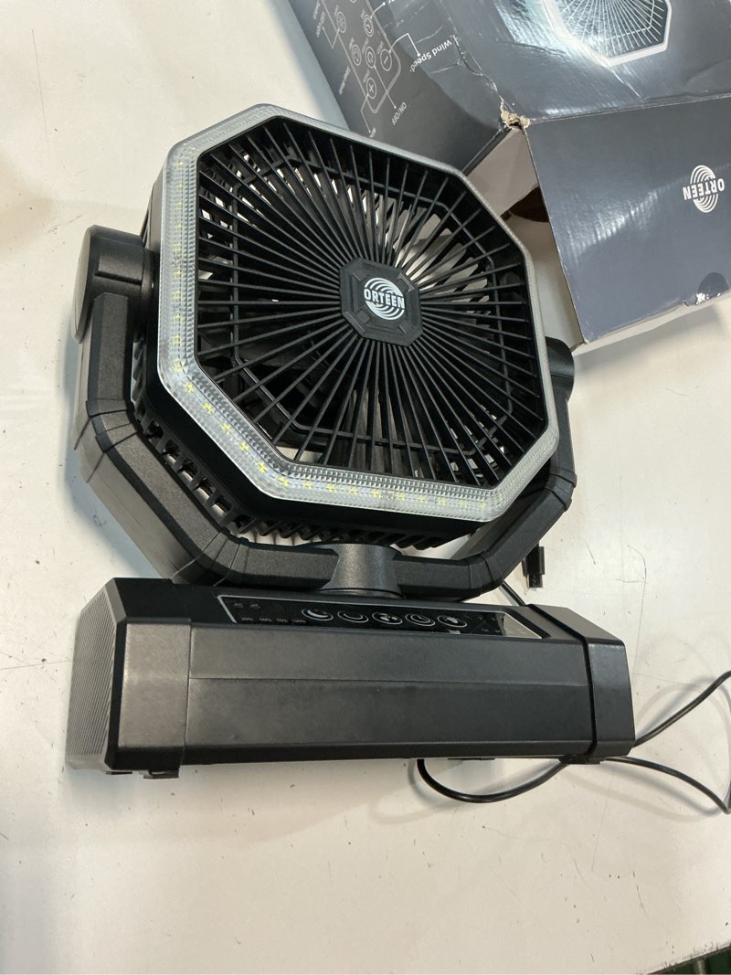 Condition photo showing Good Condition for portable rechargeable fan - 9-inch camping fan for tent, 24000mah(60hrs) battery operated fan for camping, auto oscillation cordless fans, tent fans with remote/light, 4 speeds, 4 timing, outdoor 24000mah-black
