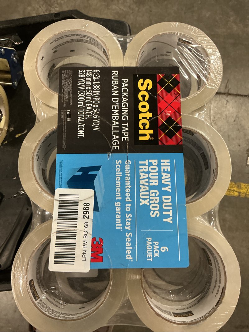 Condition photo showing New/Like New for scotch heavy duty packaging tape, 1.88" x 54.6 yd, designed for packing, shipping and mailing, strong seal on all box types, 3" core, clear, 6 rolls (3850-6)