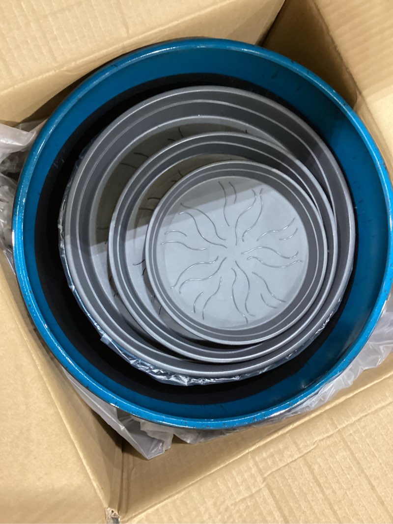Condition photo showing Good Condition for 24,21,11 inch large plastic planters with drainage hole and saucer - set of 3 tall plant pots indoor flower pot tall round planters outdoor large tall planter blue