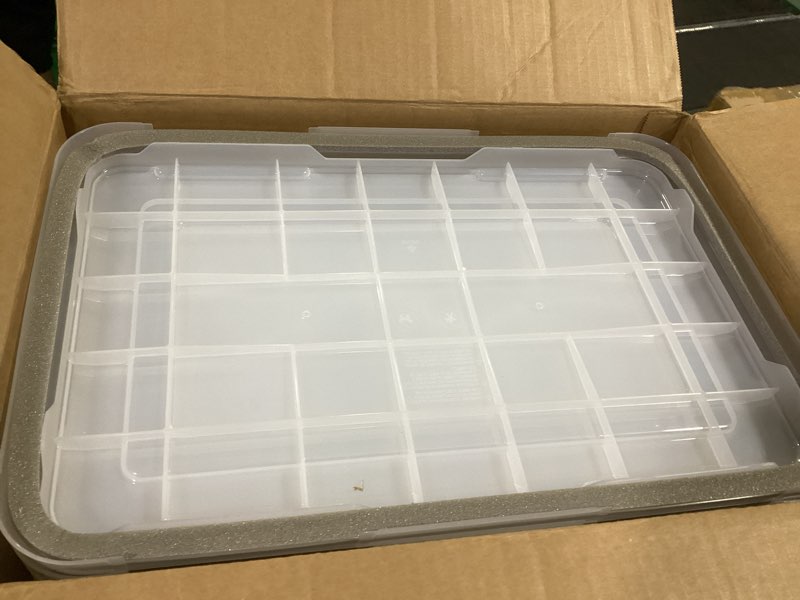 Condition photo showing As Is for iris usa weatherpro 19 qt storage bins with lids, 6 pack, bpa-free plastic gasket box with tight latch and seal, stackable nestable tote tub - clear/black 19 qt. - 6 pack