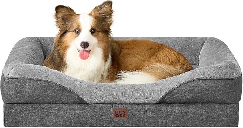 EHEYCIGA Memory Foam Dog Bed for Large Sized, Orthopedic Dog Sofa with Sides and Waterproof Liner, Washable Bolster Pet Couch with Removable Cover, 41x27x7.5 Inch,