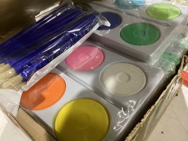 Condition photo showing As Is for Nuanchu 12 Set 144 Pcs Tempera Paint Cakes with Tray 12 Colors 2.24 x 0.71 Inch Painting Cakes with Paintbrush Paints Blocks Art Supplies for Art Sessions Drawing Artists Beginners