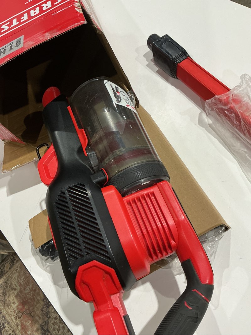 Condition photo showing As Is for craftsman v20 cordless stick vacuum kit, removable battery included (cmcvs001d1)